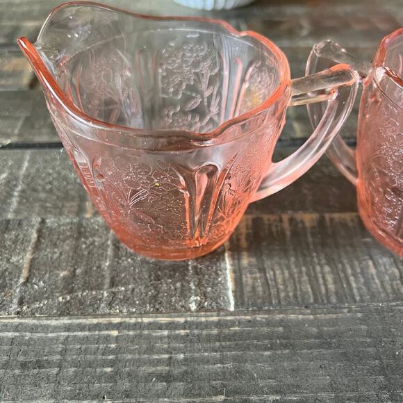 Pink Cherry Blossom Creamer and Open Sugar Jeannette Glass Vintage - Picture 5 of 5